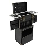 Hairdressing Tool Organiser Mobile Beauty Case with Extendable Handle Wheels, Classified Storage for Makeup Hair Tools,PVC Wooden Board, Modern Black Rectangular Design for Salon Nail Studio