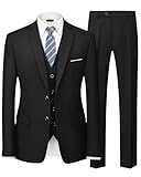 MY'S Men's 3 Piece Slim Fit Suit Set, 2 Button Blazer Jacket Vest Pants with Tie, Solid Wedding Dress Tux and Trousers - Black - Large