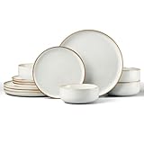 HaWare 12 Piece Dinner Set, Stoneware Dinnerware Set for 4, Reactive Glaze Dining Ware Include Plates and Bowls, Chip and Scratch Resistant, Microwave & Dishwasher Safe, Pearl White