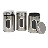 Harbour Housewares Tea Coffee and Sugar Canisters Set - Chrome - 3pc Transparent Window Airtight Food Storage Containers Kitchen Caddy Stainless Steel Storage Jars