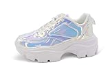 LUCKY STEP Women 90S Chunky Platform Rhinestone Sneakers-Casual Lace-Up Walking Dad Sneakers (White Hologram, 11US-42EU-9UK)