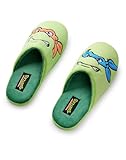 Teenage Mutant Ninja Turtles Mens Slippers | TMNT Leonardo & Mikey Character Face Slip-On Mules in Green with Rubber Sole | Animated Warrior Cartoon Indoor Bedroom Footwear Movie Merchandise Gift