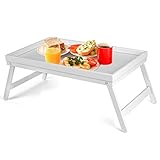 Vencier Bamboo Bed Tray, Folding Legs, Raised Edge, For Breakfast in Bed and Serving, HWD: 22x64x31cm, White (White)