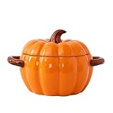 Stock Pot with Lid, 1.9L Ceramic Pumpkin Casserole Dish with Lid, Large Soup Bowl with Dual Handles, Dishwasher & Microwave Safe, Pumpkin Soup Pot for Halloween Christmas Thanksgiving (Orange)