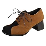 Smilice Oxford Shoes for Women 5.5cm Chunky Heel | Two-Tone Suede Derby with Lace Up Closure | Slip-Resistant Sole for Commute & Casual Brown