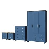 Nera 4 Piece Bedroom Furniture Set 3 Door Wardrobe with Drawer Set Chest of Drawers and Bedside Cabinet Bedroom Storage (Navy on Oak)