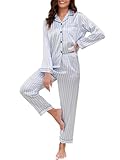 Reliwel Women's Pyjama Sets Silk Satin Long Sleeve Button Down Ladies Pyjamas two Piece Silk Pjs for Women Sets Sleepwear Loungewear Nightwear for Spring Summer,Blue and white stripes,M