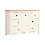 Home Source Wide Chest of Drawers Clothing Storage Unit, 7 Drawers, Cream, Sonoma Oak Effect
