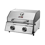 CosmoGrill Compact Gas Stainless Steel 2 Burner Barbecue, Built-in Temperature Gauge for Patio Terrace, Camping, Home Garden Party Outdoor BBQ Table Top Cooking
