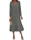 2 Pieces Chiffon Mother of Bride Dresses with Jacket Long Sleeve Formal Evening Gowns Sequin Wedding Guest Dress Grey