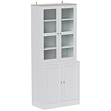 HOMCOM Modern Bookcase with Glass Doors, Display Storage Cabinet with Adjustable Shelves for Living Room, Study, Home Office, Kitchen Cupboard with Small Open Counter, White and Natural