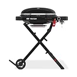 Weber Traveler Compact Gas Barbecue/Portable Collapsible Design with Wheels, Automatic Lid Lock and Lid Thermometer, 1 Burner, 81 cm Wide, 52 x 36 cm Cooking Surface, Black
