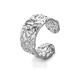 Ticome Stainless Steel Silver Plated Chunky Rings for Women and Men,Fashion Metal Geometric Wide Face Hammer Pattern Open Ring Street Hip Hop Trendy Electroplated Jewelry Accessories