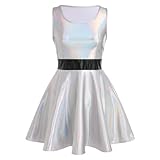Women Shiny Metallic Mini Dress A-Line Sleeveless Holographic Pleated Dress Disco Night Club Dance Party Dress Halloween Carnival Alien Costume Space Girls Rave Outfit Siliver+Black S