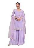 TRENDMALLS Women's Georgette Embroidery Sequins Work Kurta Sharara Set with Dupatta (G251-LightPurple-3XL)