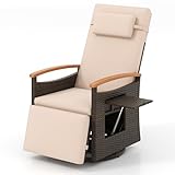 COSTWAY 360 Degree Swivel Garden Recliner Chair, Patio Rattan Reclining Armchair with Adjustable Backrest & Footrest, Flip Table and Cushions, Outdoor Wicker Lounge Chair for Balcony Porch (Beige)