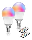 DoRight E14 Colour Changing LED Bulbs, 3W Dimmable RGBW Golf Ball Bulb with Remote Control SES Multi Coloured E14 Bulb with Memory & Timer Function RGB+Warm White for Home Party Mood Lighting (2-Pack)