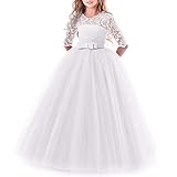 Little Big Girls Lace 3/4 Sleeve Dress Wedding Bridesmaid First Communion Evening Party Floor Length Dress Baby Children Princess Pageant Birthday Prom Carnival Christmas Ball Gown White 9-10 Years