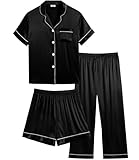 SWOMOG Kids Satin Pyjamas Sets Girls Boys Button-Down Pjs Short Sleeve Silk Nightwear 3 Pieces Lounge Sets Black