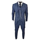 Mens 3 Piece Suit Prince of Wales Check Blue Tailored Fit Vintage Wedding - Blue 44