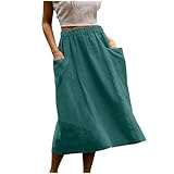 Blue Long Skirts for Women UK with Pockets Cotton Linen Skirts Midi Summer Casual Long Cargo A Line Skirt Midi Boho Plain Swing for Vacation Work