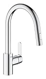 GROHE Get - Kitchen Sink Pull-Out Mixer Tap (2 Spray Options, High Spout, 360° Swivel Range, 35mm Ceramic Cartridge, Smooth Docking, Tails 3/8 Inch, QuickMount Included), Size 381mm, Chrome, 31484001