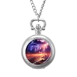 Nature Landscape Purple Thunder Storm Vintage Pocket Watch Alloy Pendant Watches Necklace Gift for Men Women Silver-Style