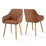 Goeurvant Dining Chairs Set of 2 PU Leather Armchairs with Wood Legs Polyester Kitchen Chairs for Living Room, Brown
