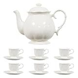 simpa 14PC Porcelain White Tea Set: Teapot with Lid, 6 Tea Cups & 6 Saucers. Dishwasher & Microwave Safe.