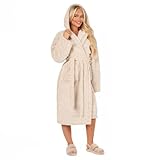 Brentfords Teddy Marl Beige Ladies Dressing Gown, Soft Warm Comfy Womens Hooded Dressing Gowns Luxury Oversized Fluffy Dressing Gown, One Size