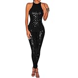 New Ladies Golden Sequin Sleeveless Jumpsuit Catsuit Club Wear UK Size 8 to 14 (Black, L)