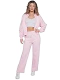 kraftd Womens Tracksuit Fleece Wide Leg Trouser & Zipper Oversized Bomber Style Sweatshirt Sets | Co-ord Set | Coordinated Outfit | Lounge Wear | 2 Pieces Suit (Baby Pink, M/L)