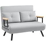 HOMCOM 2 Seater Sofa Bed, Click Clack Convertible Bed Settee, Modern Velvet Feel Fabric Sofa Couch with 2 Tufted Cushions, Wood Armrests for Living Room, Bedroom, Guest Room, Light Grey