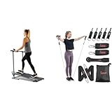 Sunny Health & Fitness Foldable Manual Treadmill, Compact Cardio Fitness + Premium Resistance Band Set With Door Anchors, Wrist Straps, Handles & Carry Bag