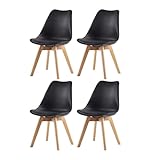 mcc direct Set of 4 Dining Chairs Wooden Legs Soft Cushion Pad Stylish DELUXE Retro Lounge Dining Office (Black) - EVA
