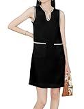 Yoolin Womens Tweed Dress V Neck Sleeveless A-Line Skirt Vintage Business Party Mini Jackie Dress Black…, Black, M