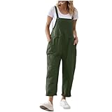 Bib Overalls for Women Ladies Cotton Linen Suspender Jumpsuit Loose Fit Summer Sleeveless Adjustable Strap Dungarees Solid Color Playsuits with Pockets Casual Workwear Romper