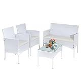 Yaangagpe Rattan 4 Piece Garden Furniture, White Wicker Sofa Set with Glass Top, Outdoor Conservatory Set for Garden, Balcony, Terrace, Lawn