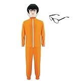 Mens Vector Costume Orange Tracksuit Black Mushroom Wig Lensless Glasses Halloween Carnival Events Party Outfit XS