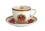 Royal Commemorative Tea Cup & Saucer Set | Fine Bone China Elegant White & Red Design – Featuring Her Majesty Queen Elizabeth II & His Majesty King Charles III | Royal Memorabilia Gift