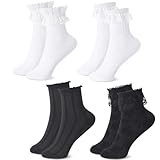 Zuimei 4 Pairs Frilly Socks for Women Girls, Fairy Lace Trim Ruffle Socks with Bow, Ladies Frilly Ankle Sock, Cotton White Black Princess Dance Dress Sock for Casual Wedding Costume Party Supplies