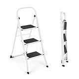 3 Step Ladder | Portable Folding Ladders | Lightweight Sturdy Steel Ladder | Anti Slip Feet | Non-Slip Safety Treads | Easy to Store Step Stool | DIY Gardening Kitchen Garage | 150kg Capacity, White