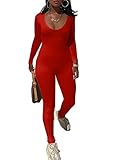 YILEEGOO Womens One Piece Bodycon Jumpsuit Long Sleeve Sportwear Zipper Romper Clubwear (Small, Red)