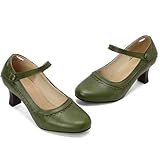 Generisch Women's Mid-High Heel Shoes Retro Mary Jane with Round Cap Comfortable Casual Shoes for Spring Summer, Green, 6 UK