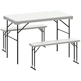 Outsunny 3 Piece 4ft Folding Picnic Table and Bench Set, Portable HDPE Camping Table and Chairs with Carrying Handle for Indoor Outdoor, Dining, Camping, Picnic, BBQ, Party, Light Grey