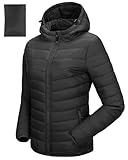 33,000ft Women's Lightweight Puffer Jacket Water Repellent Warm Packable Quilted Coat with Hood Ladies Transitional Padded Lined Jacket for Hiking Climbing Black L