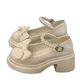 Womens Chunky Platform Mary Jane Shoes UK Clearance, Ladies Pearls Bow Pumps Closed Toe Court Shoes Ankle Strap Lolita Princess Shoes Sandals Low Block Heels Mary Janes Comfy Dress Wedding Shoe