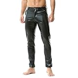 YUFEIDA Men's Leather Trousers Classic Wetlook Solid PU Leather Pants Zipper Pockets Slim Fit Pencil Pants Hot Legging Trousers for Motorcycle Cosplay Dance Stage Casual Black