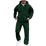 Generisch Tracksuit, jogging suit, men's Y2K plain tracksuit with hood, zip, warm gym, breathable sports suit, zip pockets and drawstring, airy, comfortable fit, leisure suit, R Dark Green, S