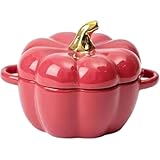 Ceramic Pumpkin Casserole Dish with Lid, Oven Safe Pumpkin Bowls with Handle, Dutch Oven Halloween Soup Pot Heat for Home Kitchen Egg Custard Halloween Decor Storage Jar for Home (Red)